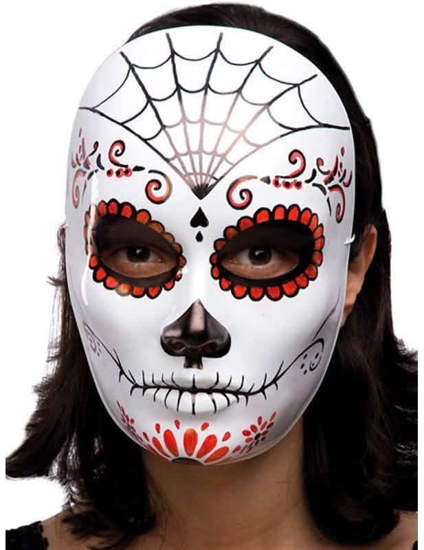 Bijela maska Dia de los Muertos za odrasle s crvenim i crnim motivima