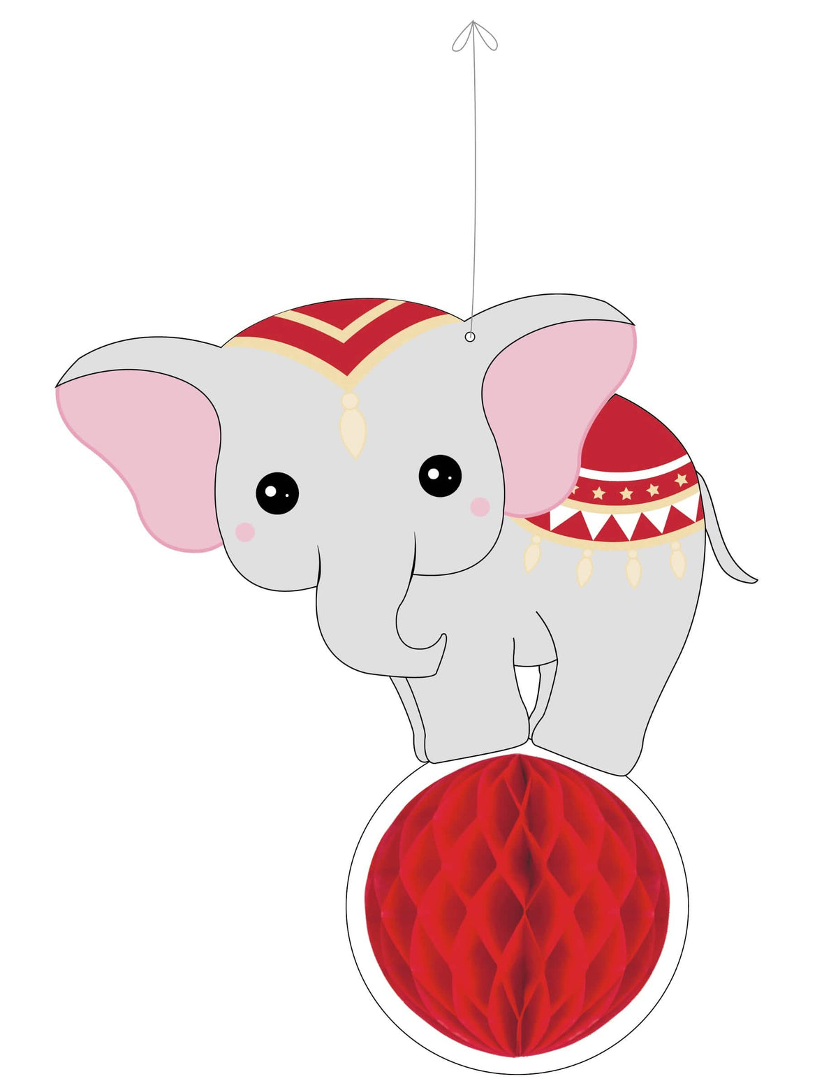 Viseća dekoracija slon od papirnatog saća vintage circus crvena