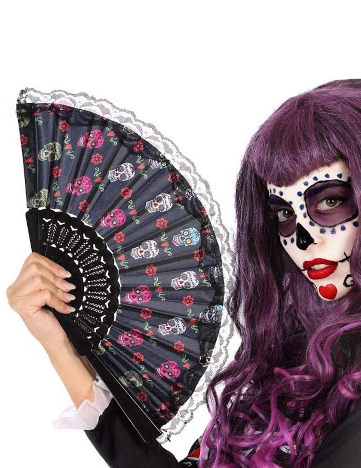 Lepeza od čipke Dia de los muertos za odrasli crna s uzorcima šarenih lubanja