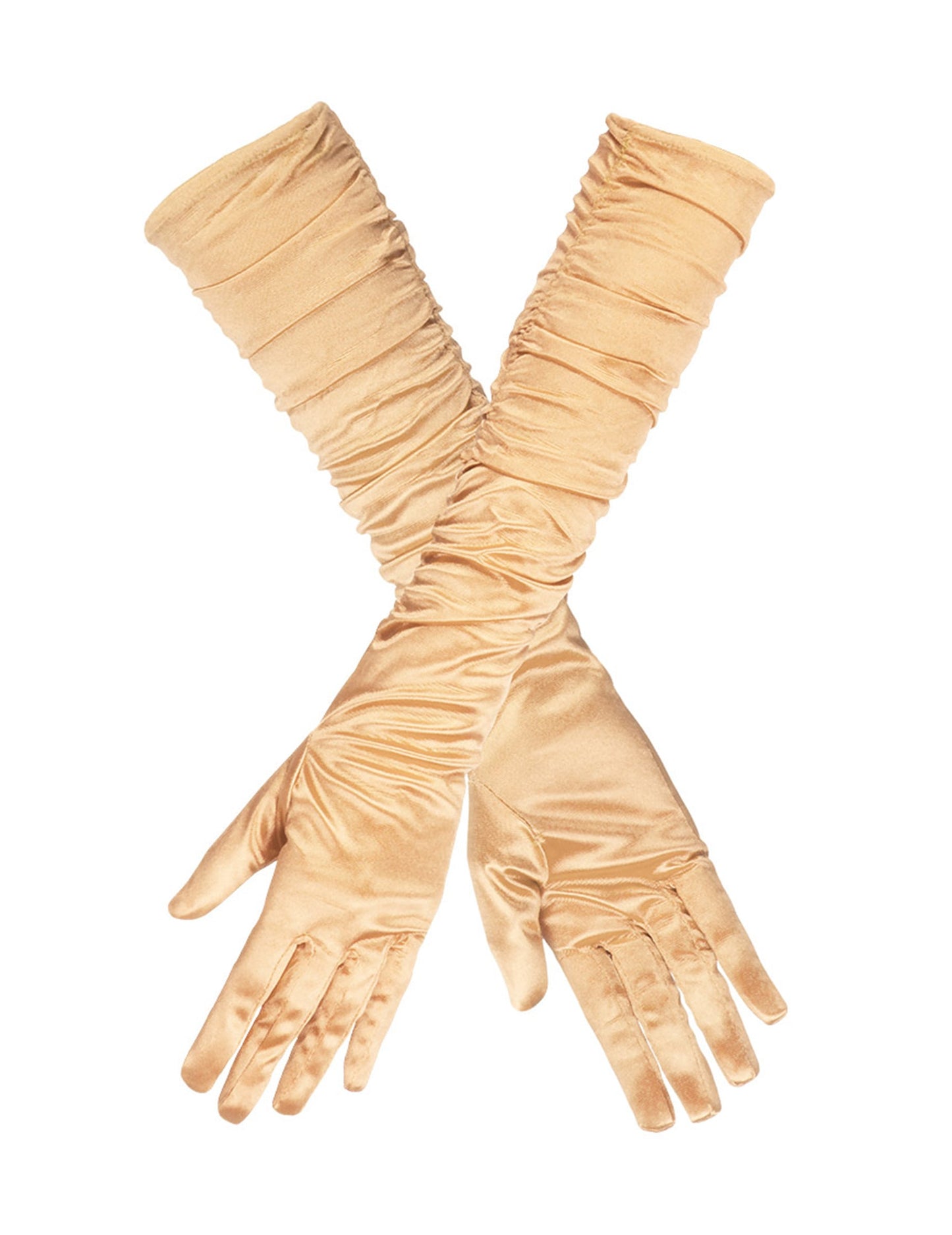 Vue des gants croisés des gants longs satinés pour femme dorés