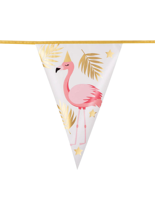 Détail d'un fanion avec motif flamant rose et feuilles dorées de la guirlande de fanions Flamant Tropic