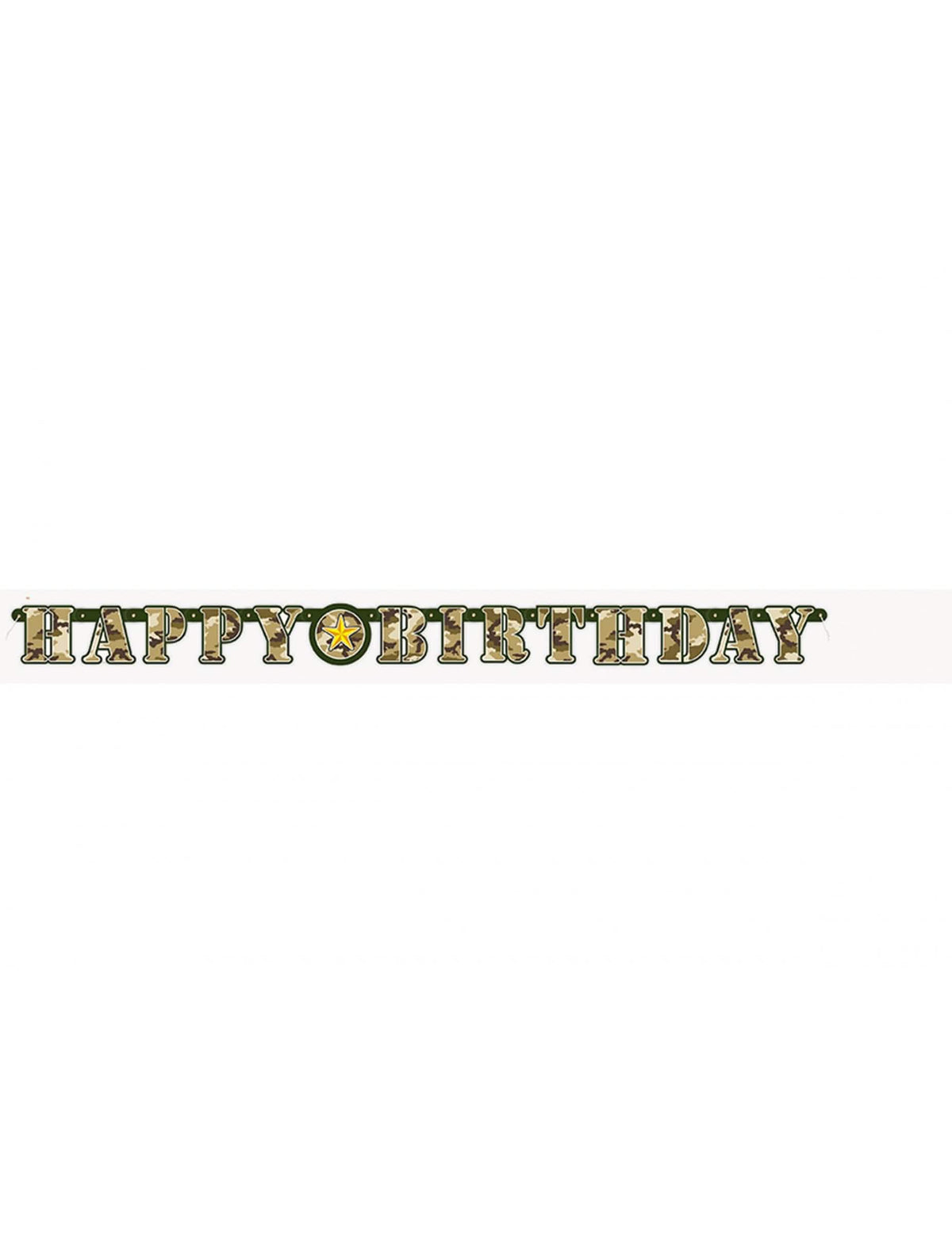 Prednji prikaz artikulirane girlande Happy Birthday vojnička