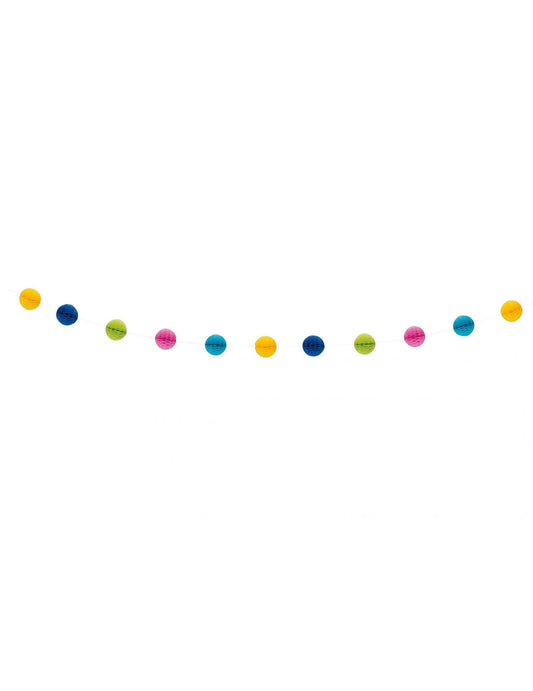 Vue d'ensemble de la guirlande boules alvéolées multicolore avec 11 pompons
