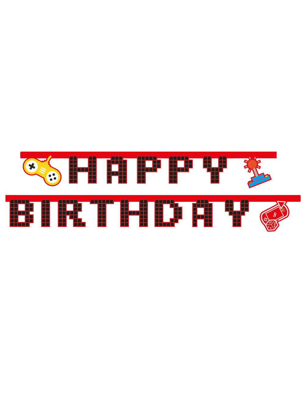 Guirlande en carton Happy Birthday Gaming Party pour anniversaire rouge et noir pixelisée