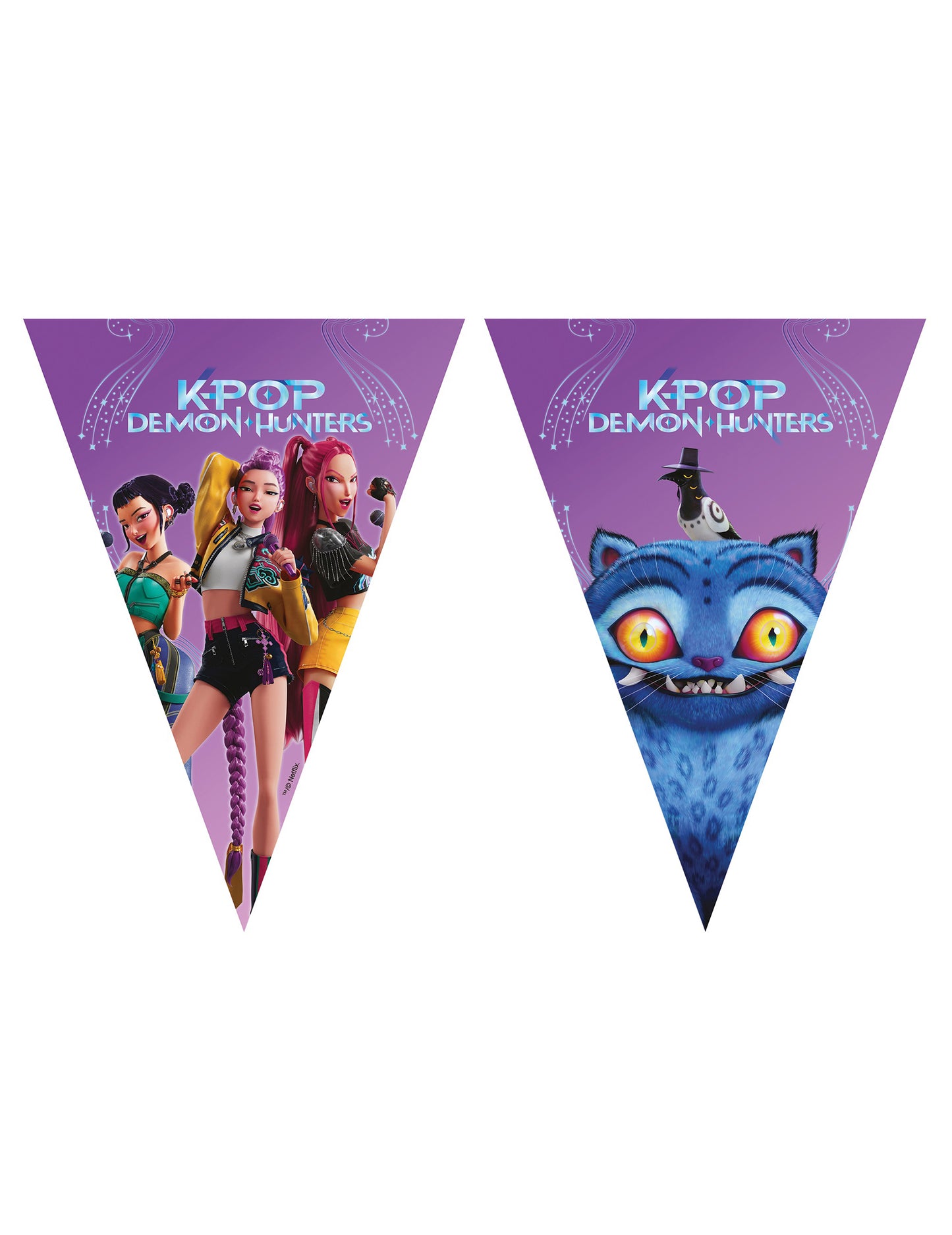 Guirlande à fanions en papier K-pop Demon Hunters™ pour fête violette avec personnages et créature bleue