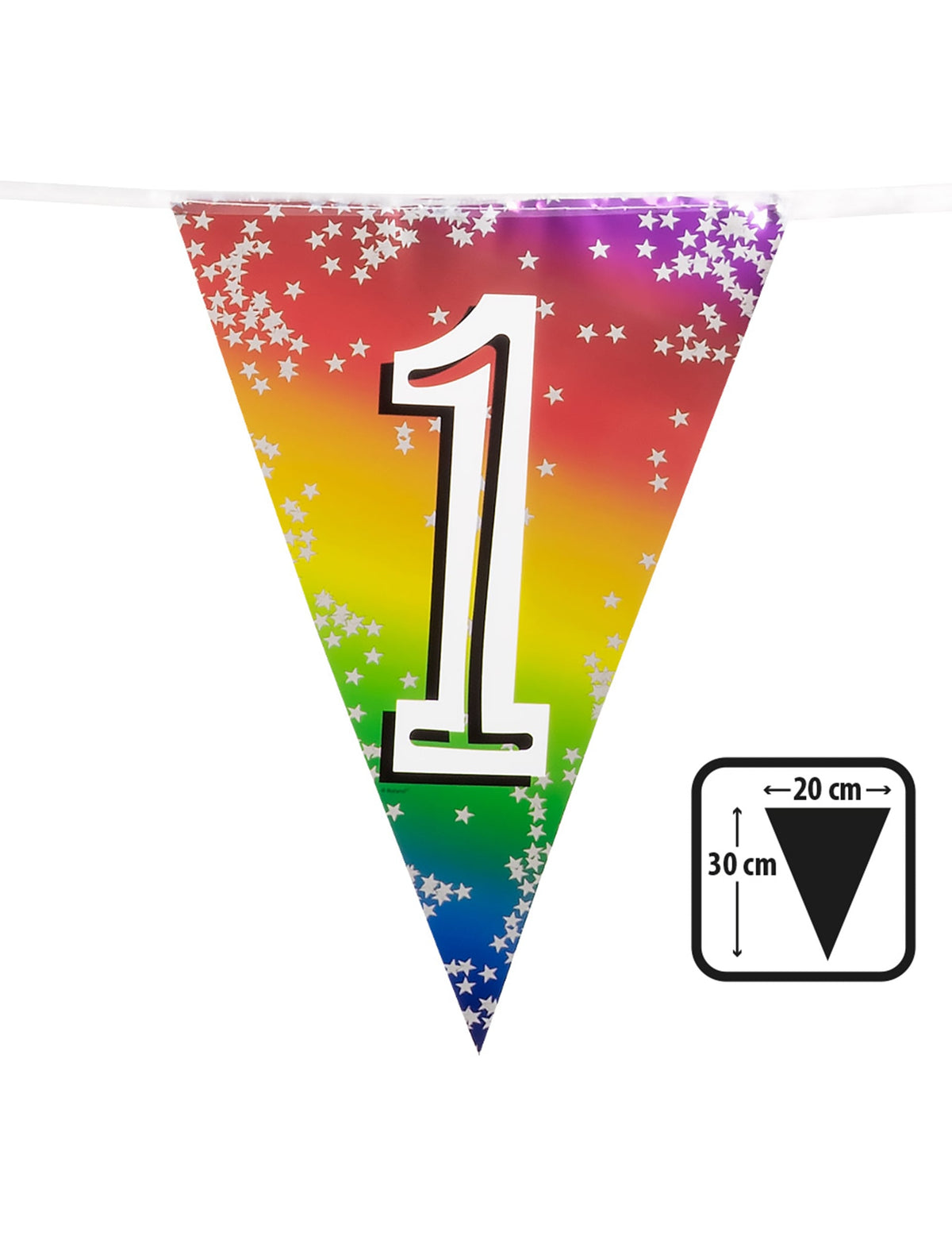 Dimensions d'un fanion de la guirlande de fanions métalliques anniversaire pour fête chiffre 1 arc-en-ciel