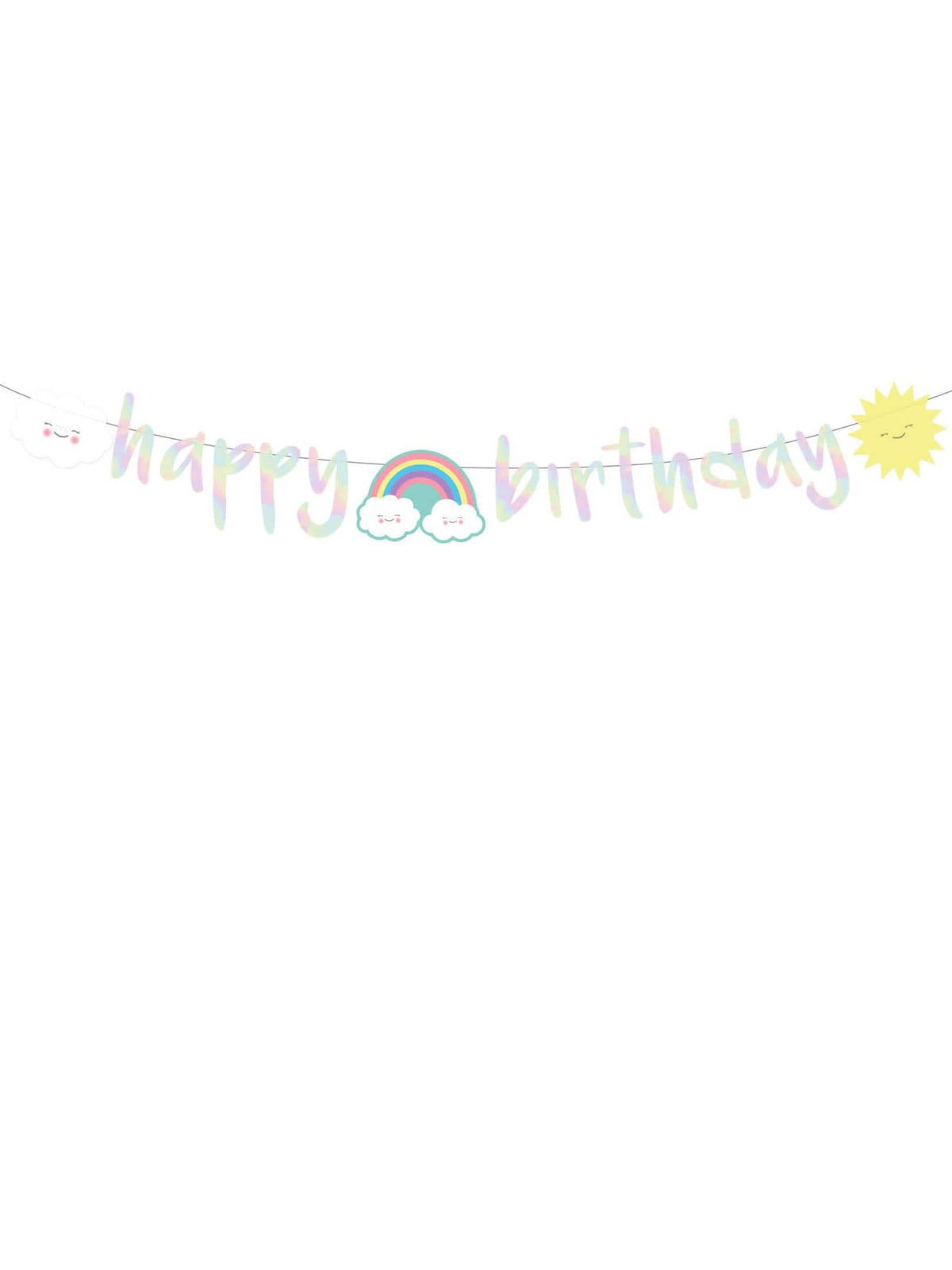 Pregled iridescentnog kartonskog vijenca happy birthday s oblakom
