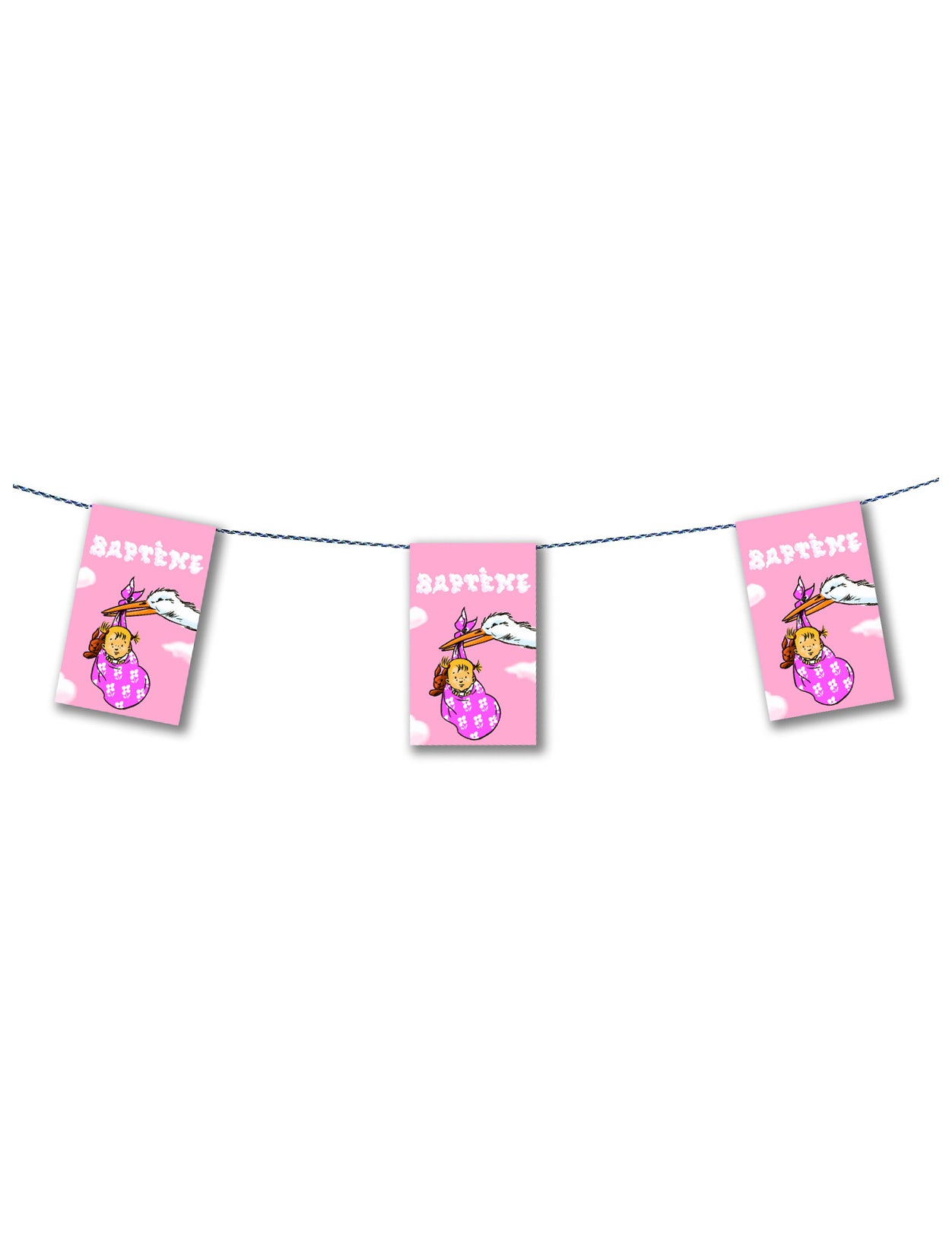 Guirlande papier baptême pour fille rose avec cigogne