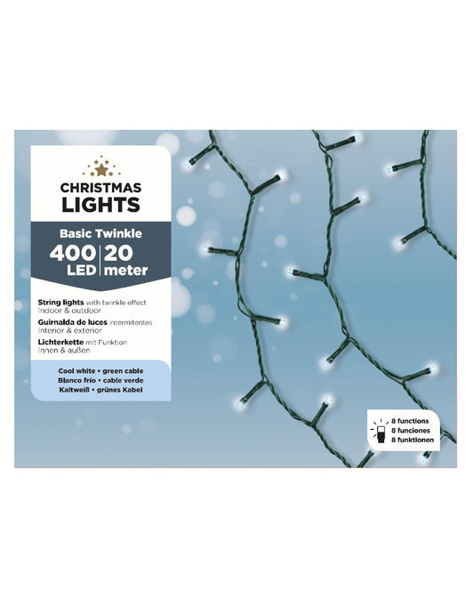 Détail de l'emballage de la guirlande lumineuse 400 led pour décoration blanc froid 20 m 8 fonctions