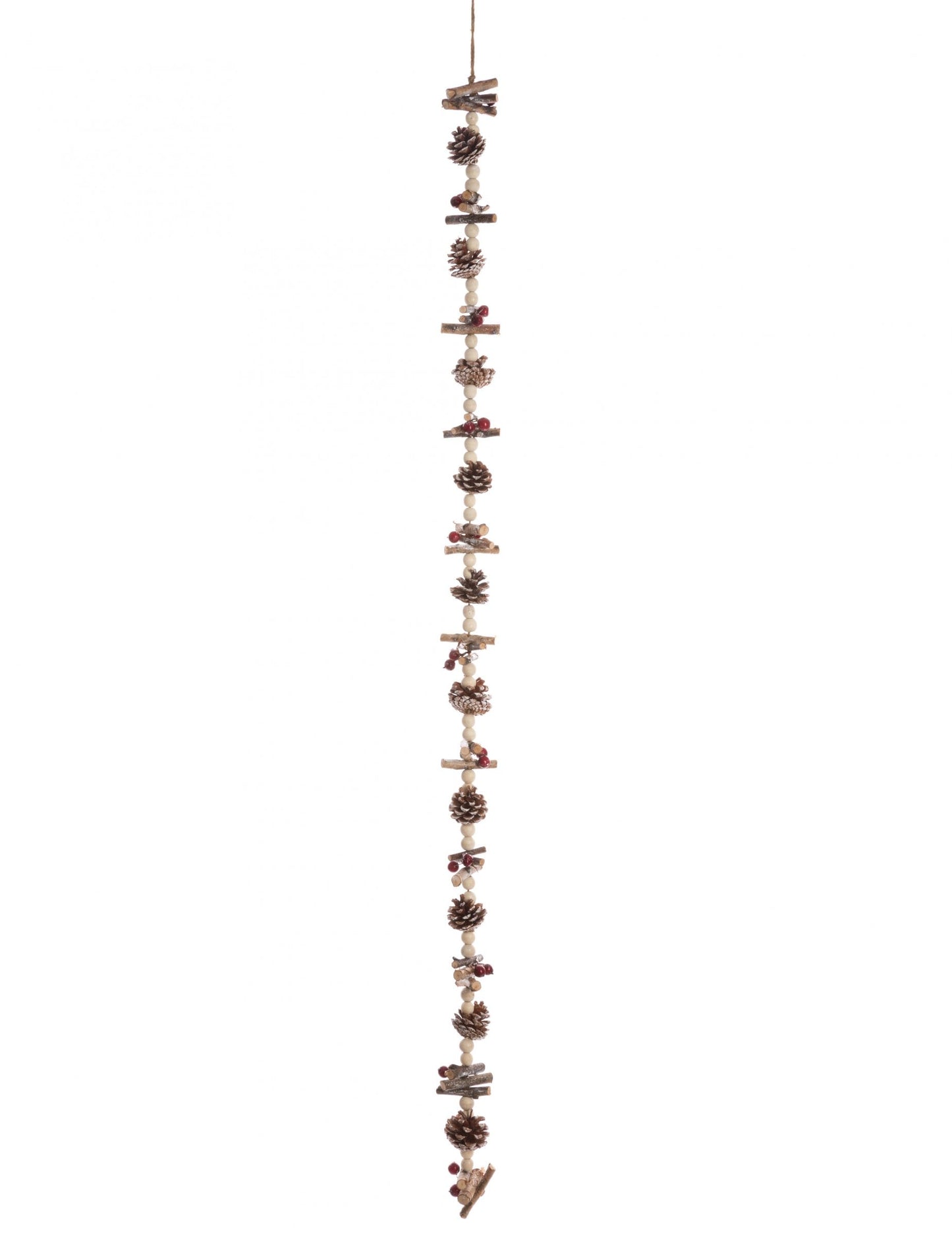Guirlande de perles bois et pommes de pin décoration nature marron et beige avec baies rouges