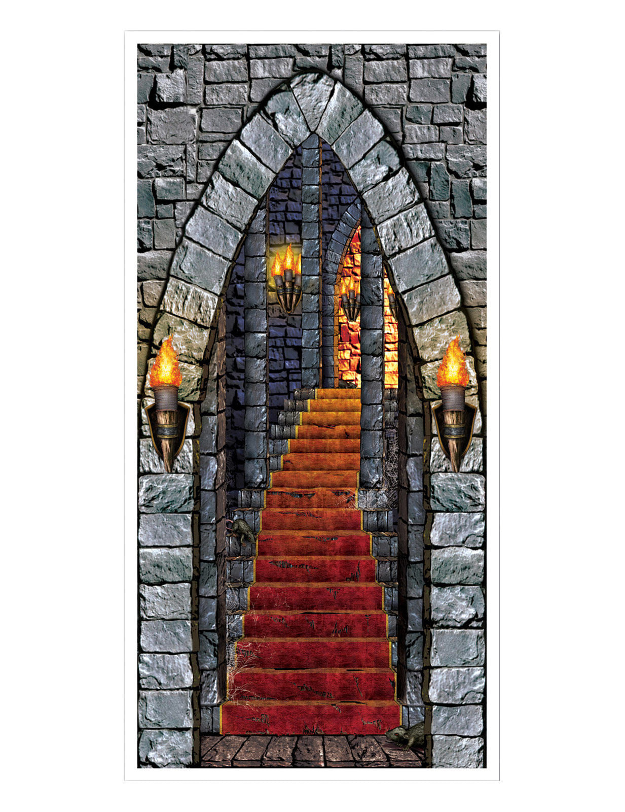 Décoration de porte château pour fête avec pierres et escalier tapis rouge