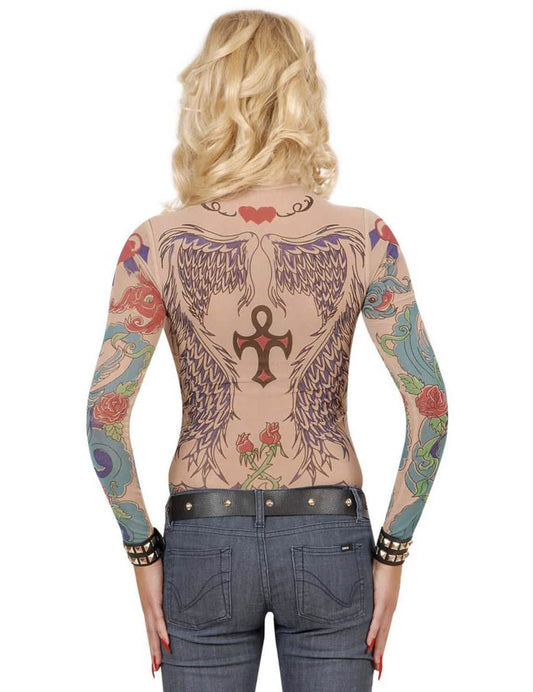 Vue de dos du haut à manches longues effet tatouages pour femme