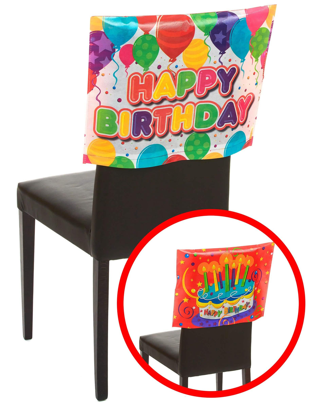Pogled sprijeda i straga na navlaku za stolicu Happy Birthday