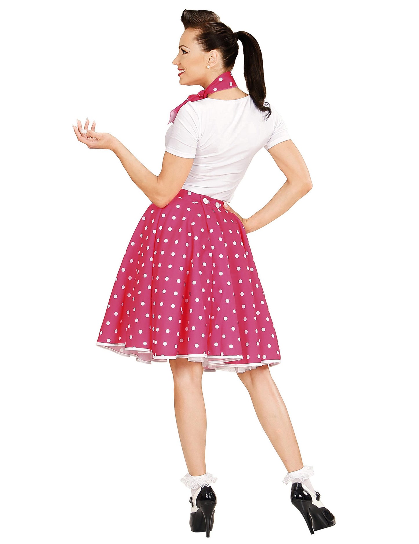 Ružičasta ružičasta suknja i ženski grašak od 50 -ih