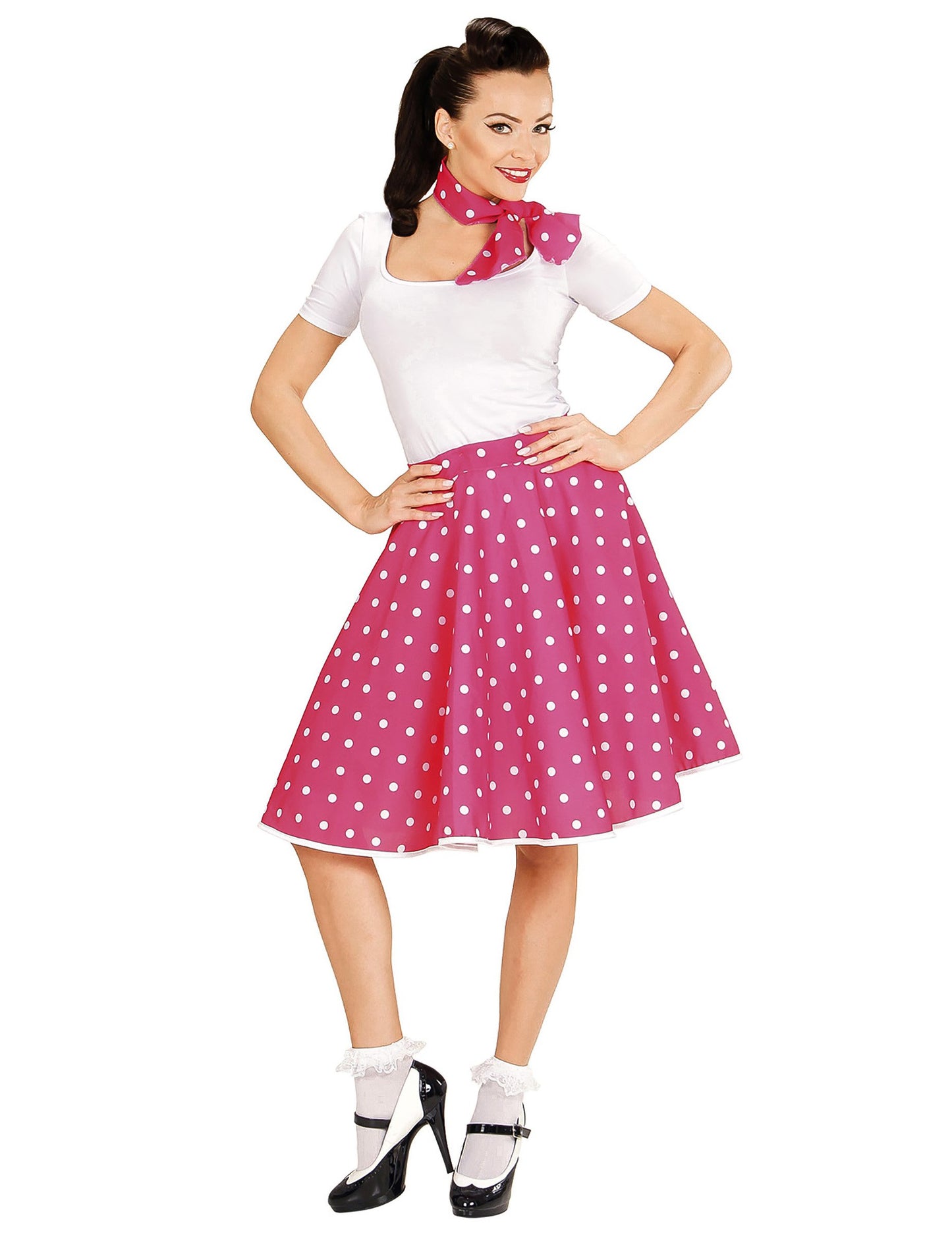 Ružičasta ružičasta suknja i ženski grašak od 50 -ih