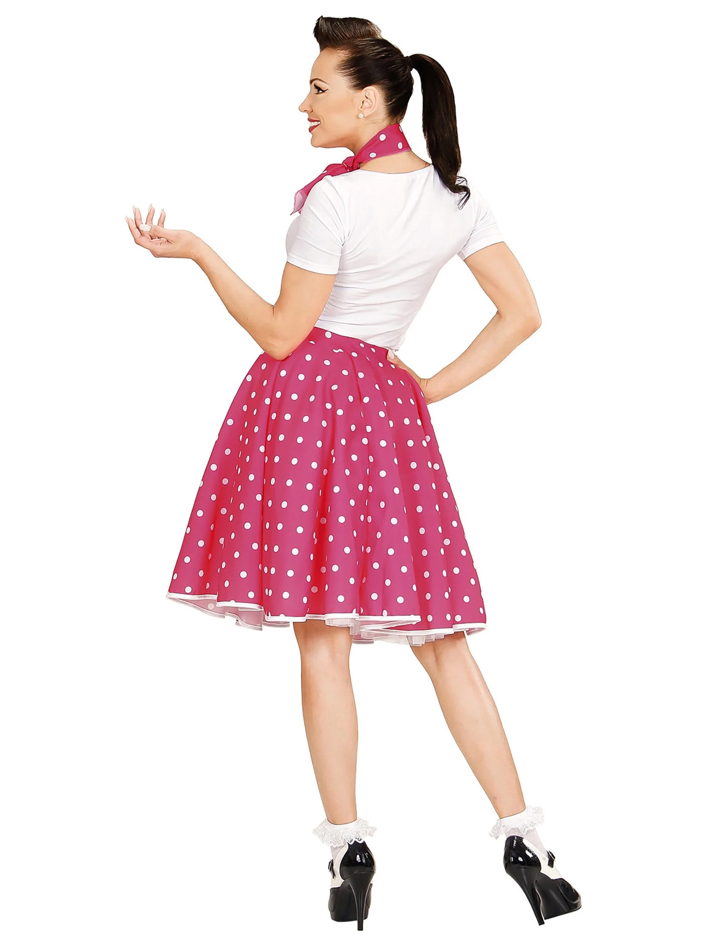 Ružičasta ružičasta suknja i ženski grašak od 50 -ih