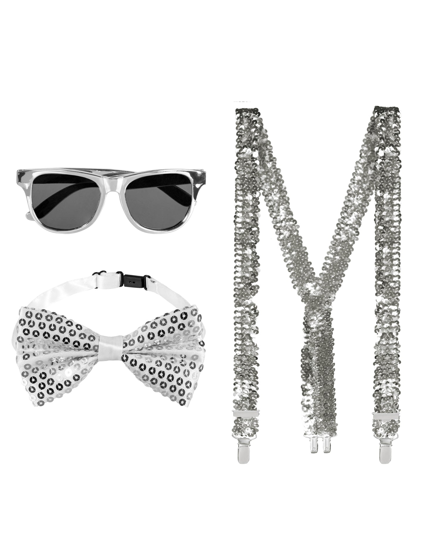 Vue d'ensemble des éléments du kit accessoires à sequins pour adulte argentés