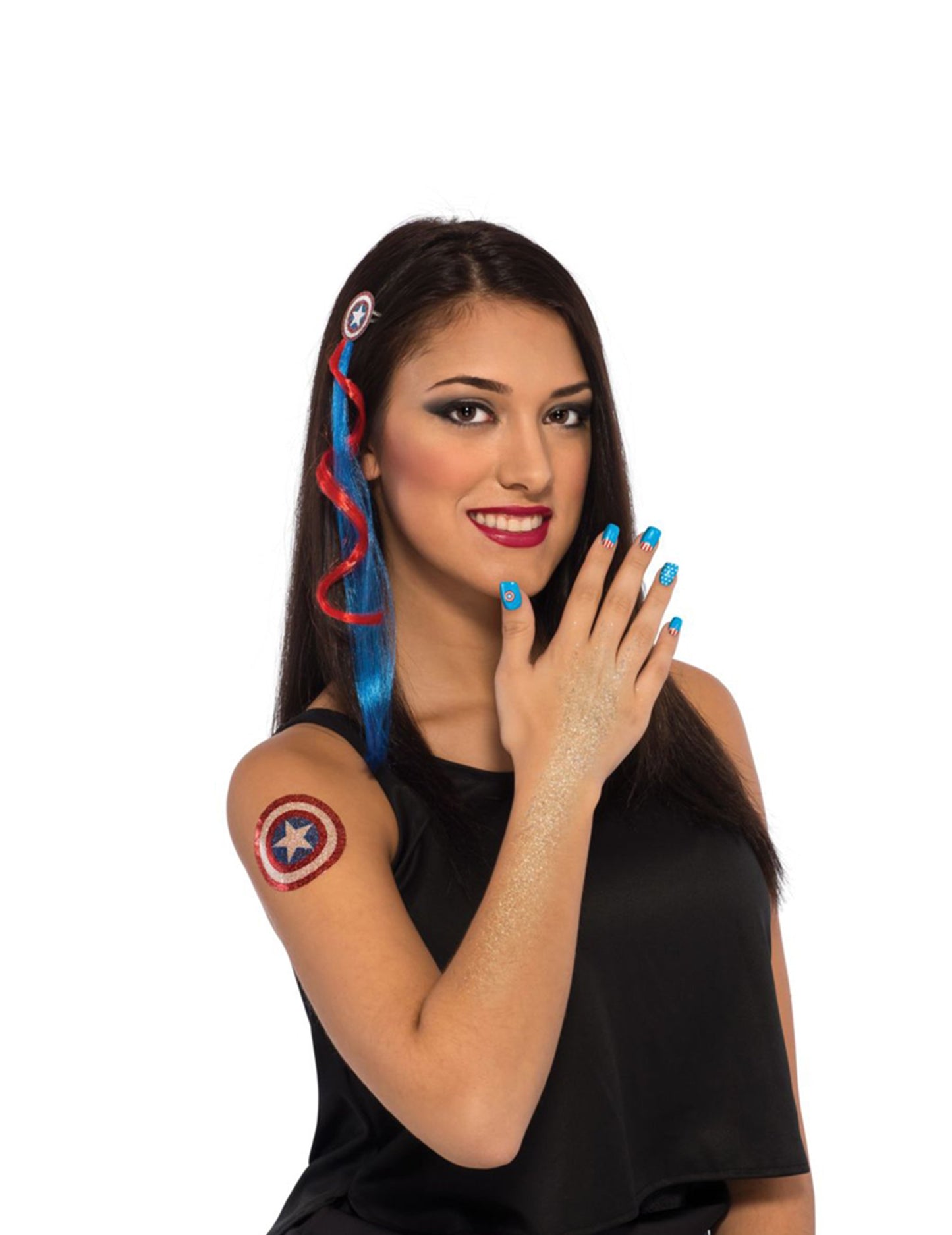 Kit accessoires et maquillage Captain America™ pour femme bleu et rouge avec mèche et tatouage