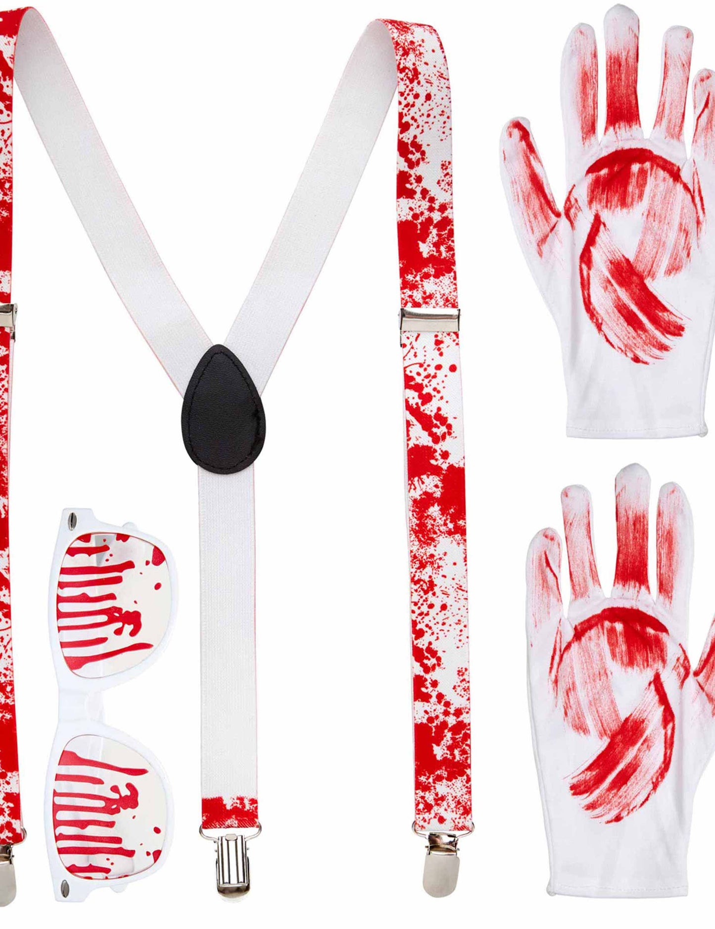 Kit d'accessoires ensanglantés Halloween pour adulte blanc et rouge avec gants lunettes et bretelles