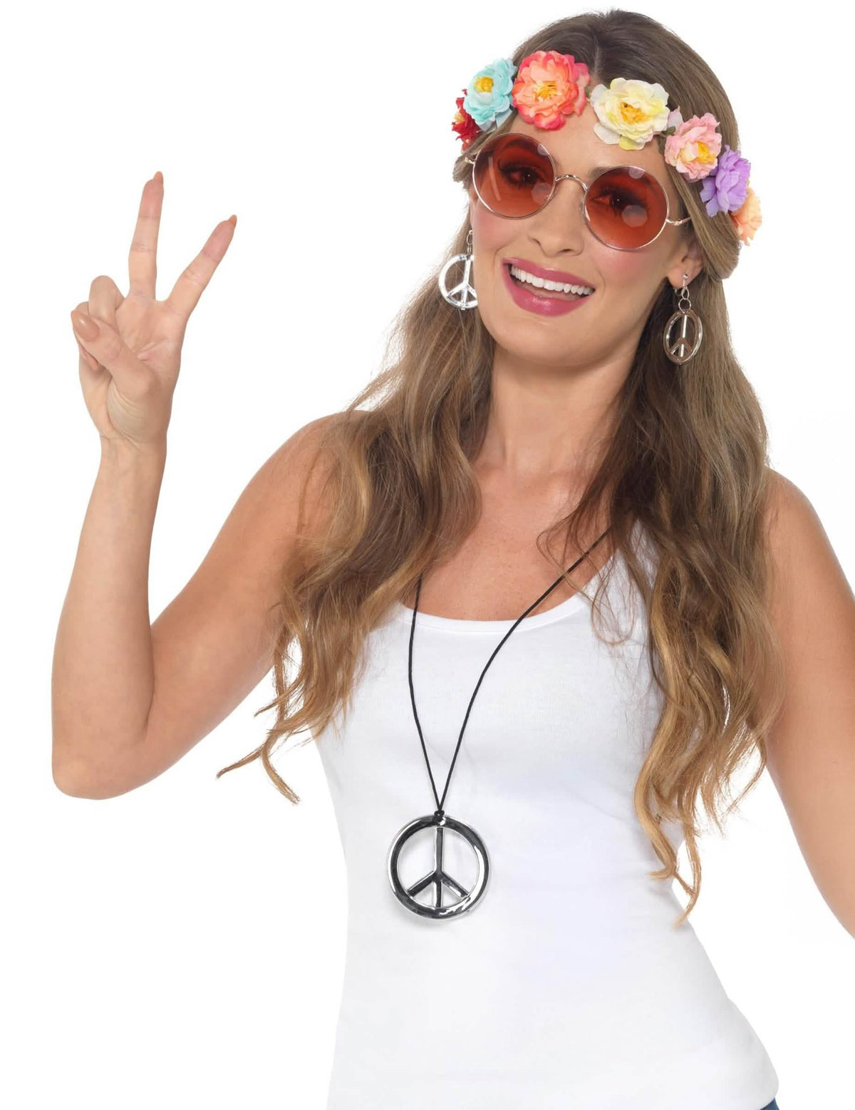 Komplet hipi dodataka za ženu s vjenčićem od cvijeća i srebrnim nakitom peace and love
