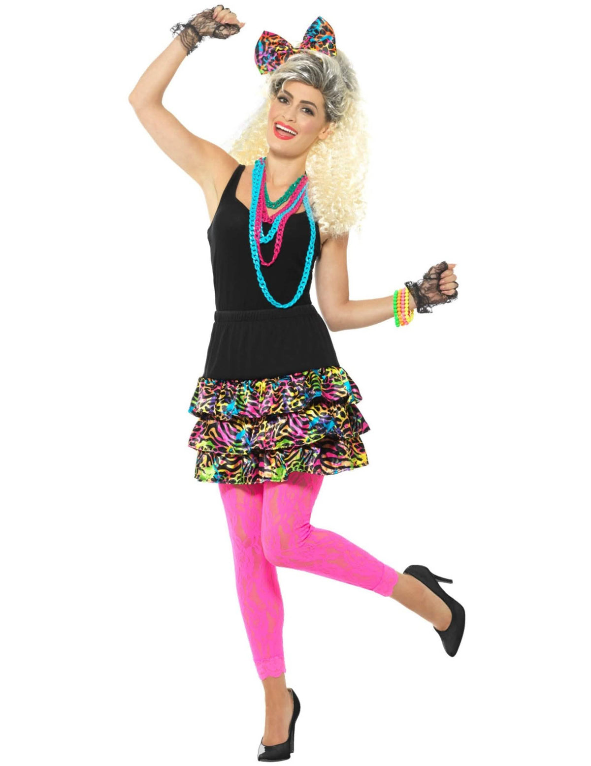 Pogled sprijeda na fluo komplet s leopard uzorkom iz 80-ih