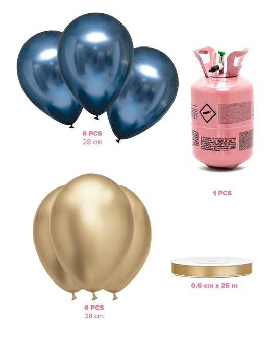 Komplet za bocu helija s 12 mornarsko plavih i zlatnih balona i vrpcom