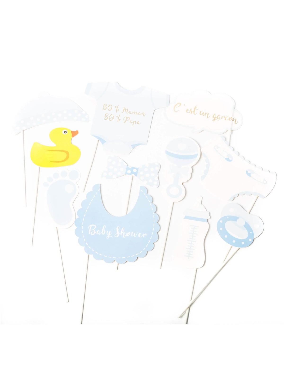 Kit photobooth za baby shower za dječak plava i bijela 11 komada na štapićima