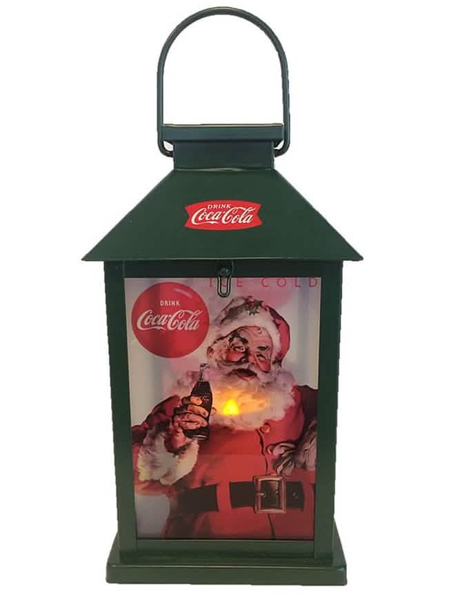 Svjetleća Coca-Cola lanterna za zelenu dekoraciju s ilustracijom djeda božićnjaka