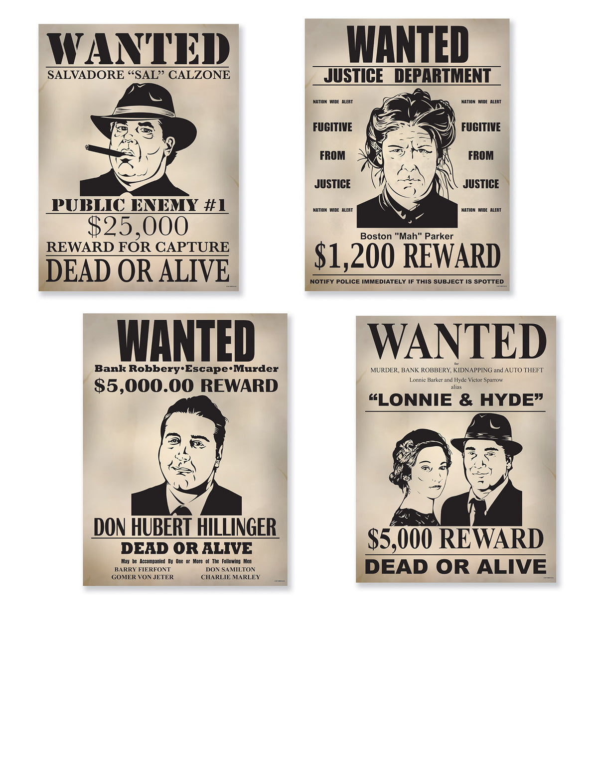 Affiches en carton Wanted pour décoration de fête thème gangster Prohibition beige et noir