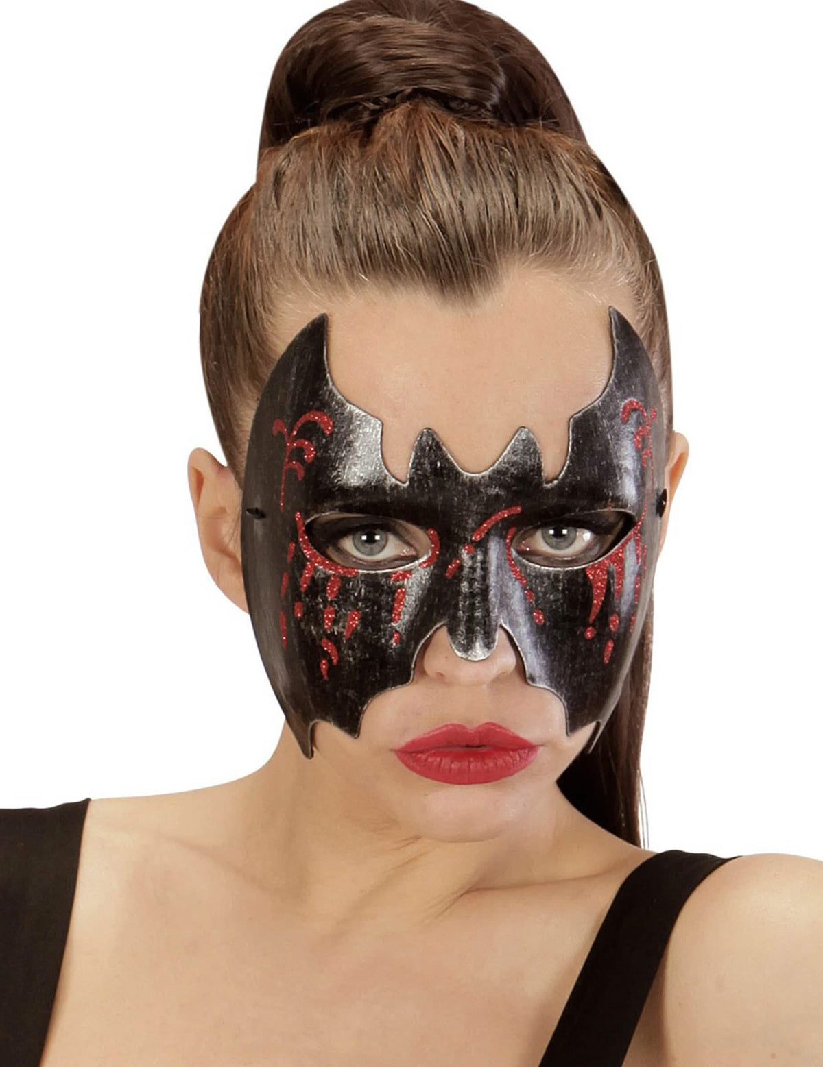 krvavi šišmišji halloween maska za ženu crna i crvena sa šljokicama