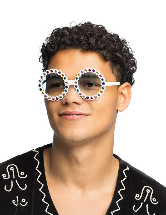 Vue de face des lunettes rondes à strass multicolores