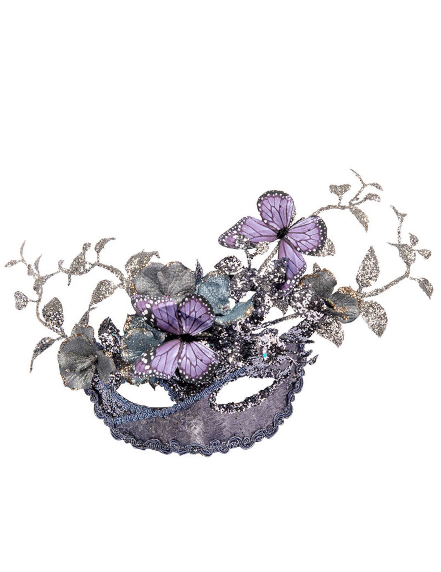 Srebrna i lilac maska s leptirom i ženskim granama