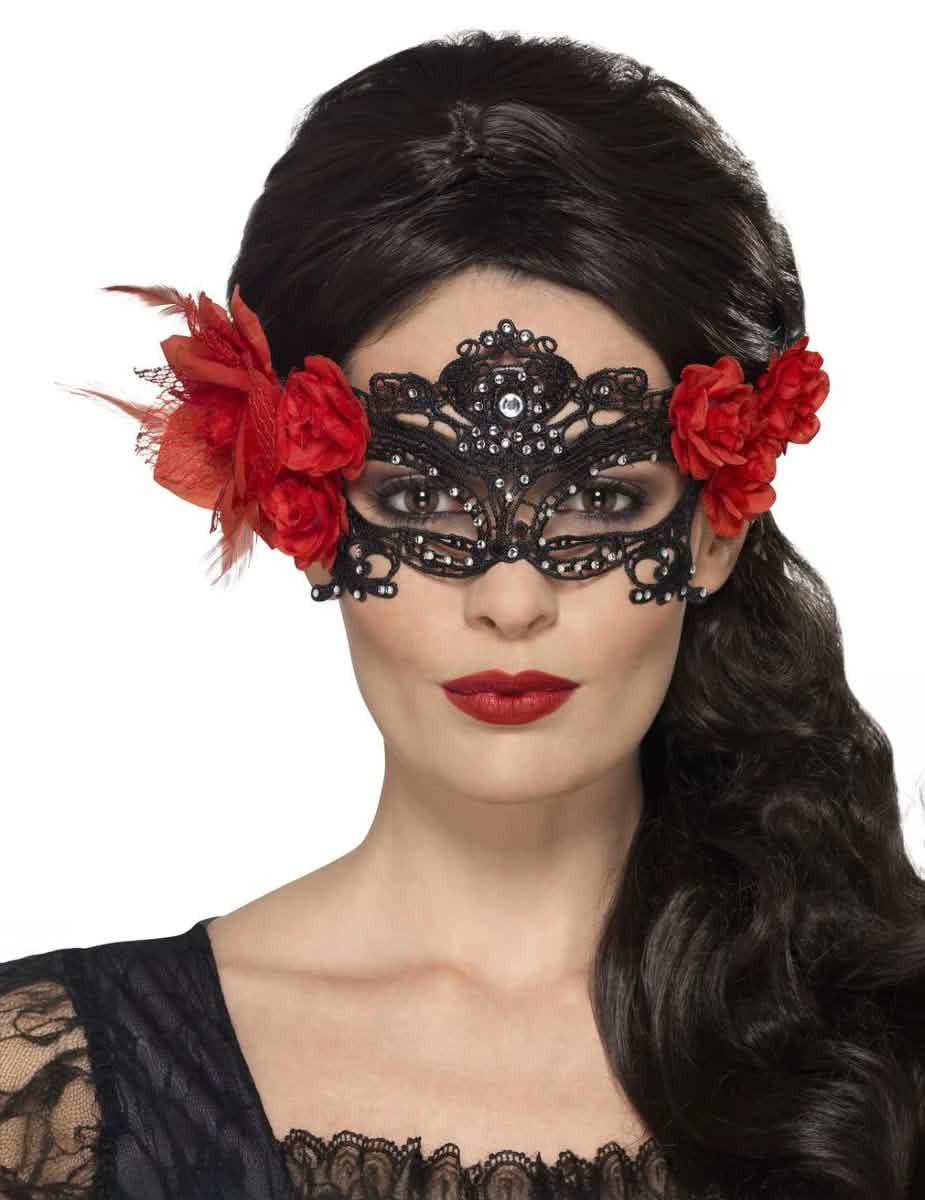 Čipkana maska Dia de los Muertos za odrasle crna s crvenim cvijećem i strasom