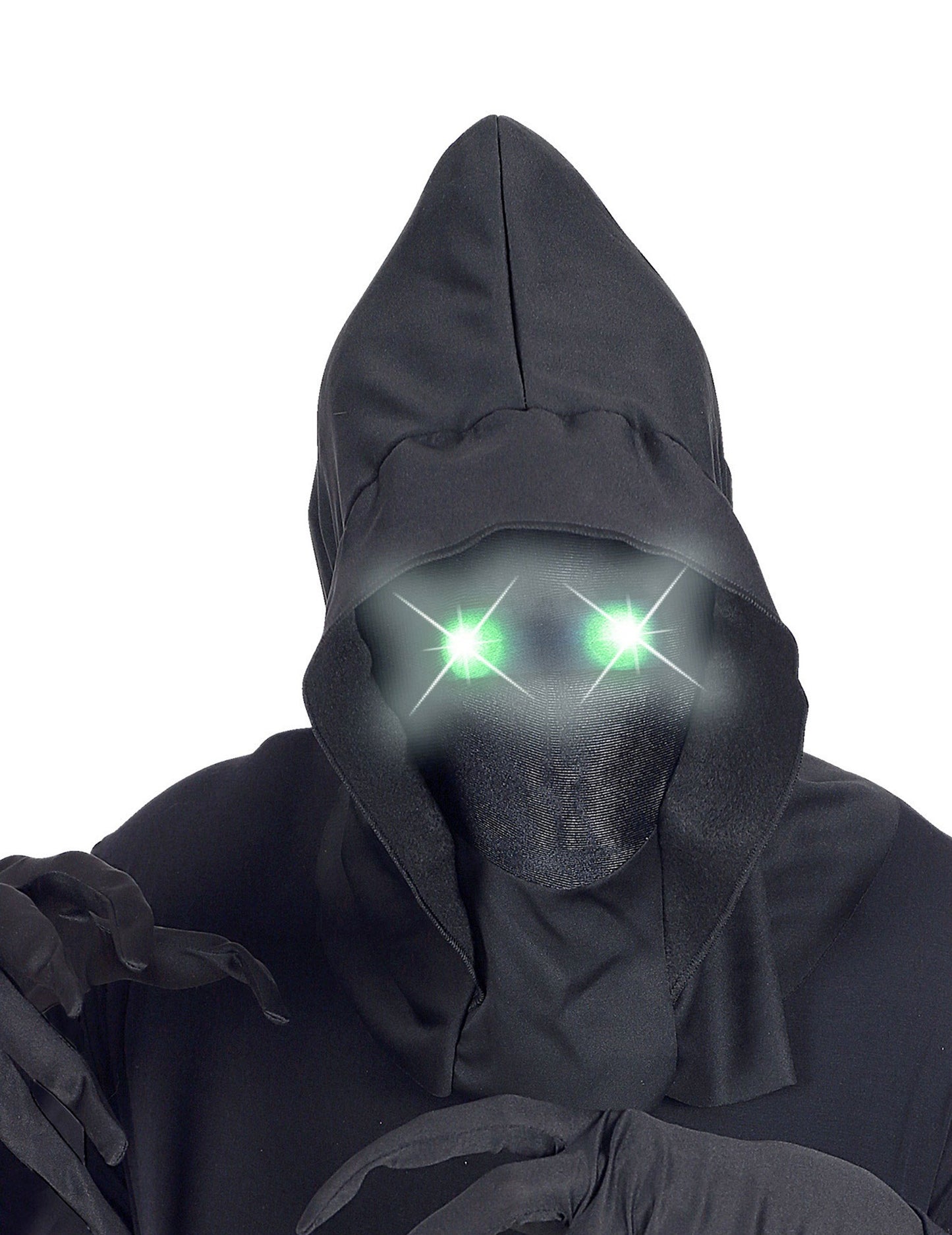 U punom kapuljaču nevidljive maske za lice i očima zelenih svjetlosnih očiju