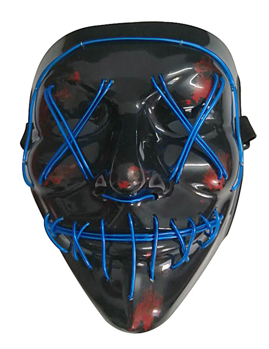 Détail des fils bleus et des taches de sang du masque led lumineux pour adulte bleu