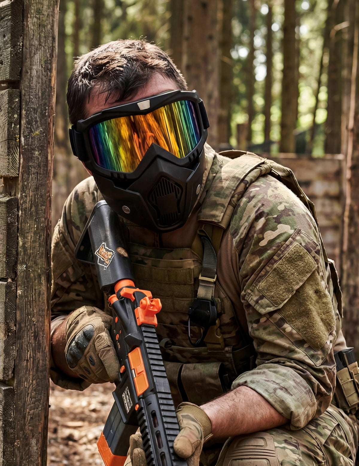Porté en action du masque protection militaire pour adulte