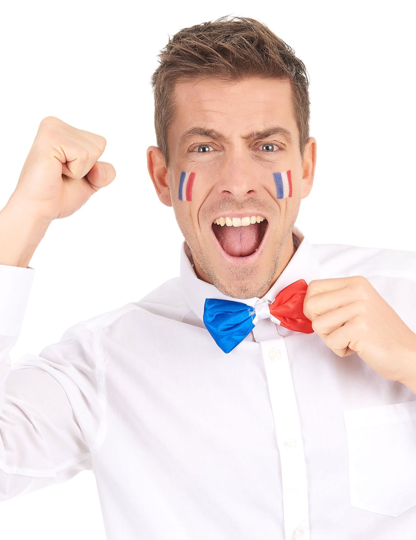 Détail du noeud papillon tricolore France porté par un supporter