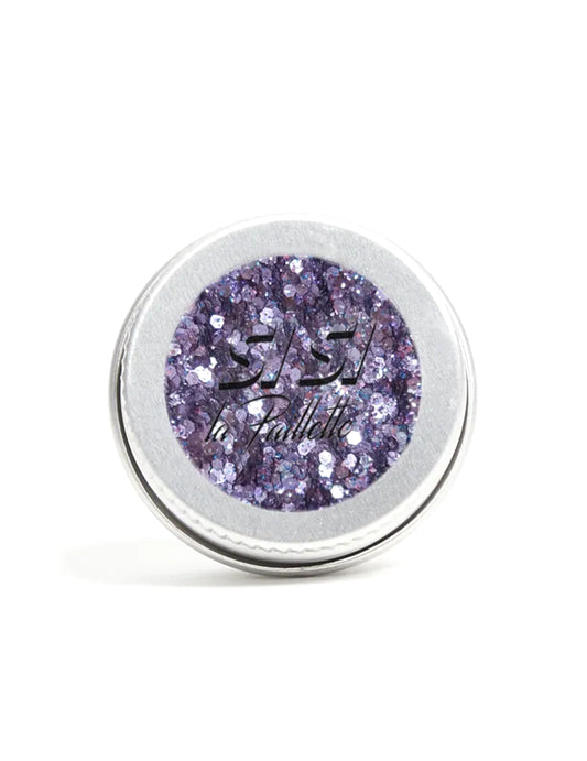Vue du pot des paillettes biodégradables pluie violette