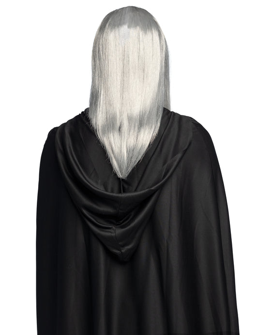 Vue de dos de la perruque et barbe de sorcier magicien pour adulte