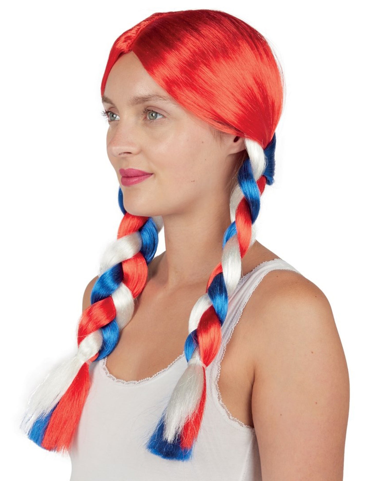 Plava, bijela, crvena pletenica perika