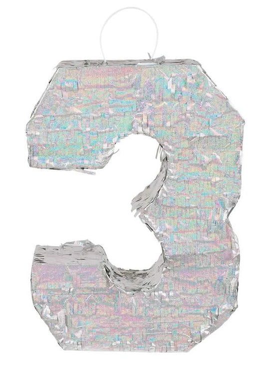Vue de face de la piñata chiffre 3 pour anniversaire holographique argent