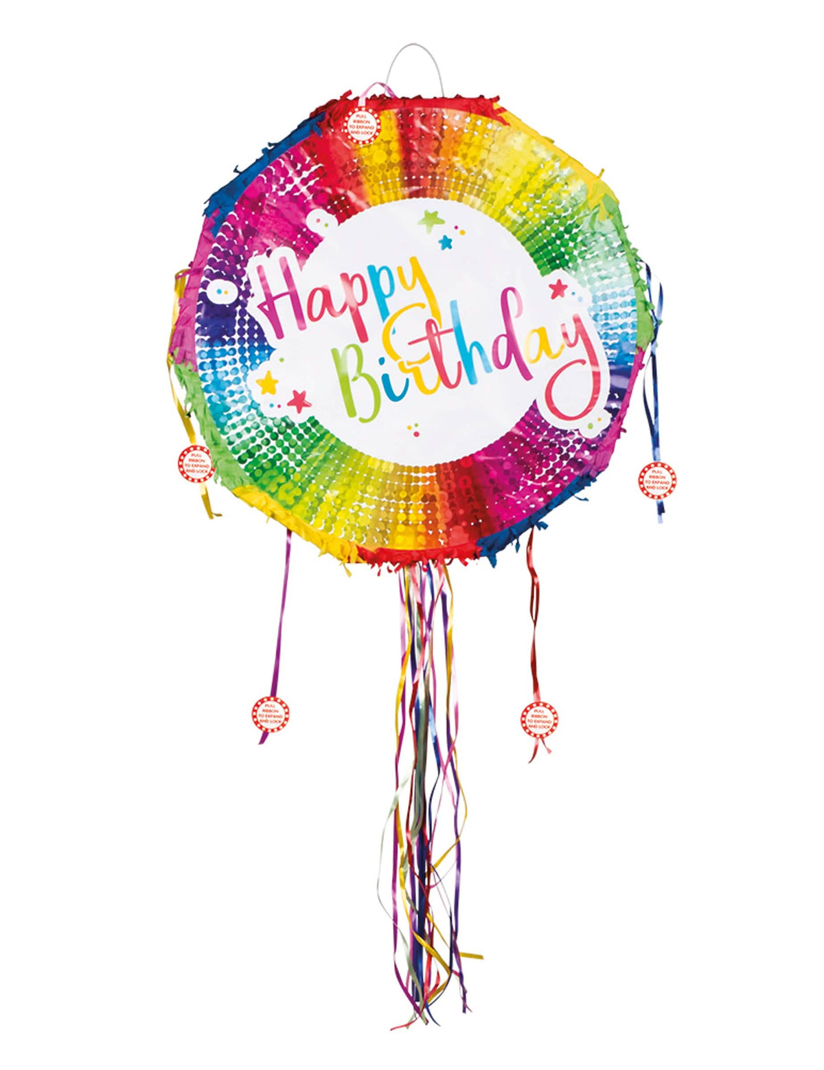 Okrugla piñata Happy Birthday za dijete višebojno s trakama za povlačenje