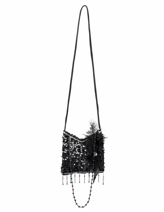 Sac charleston années 20 pour femme noir avec paillettes et plumes