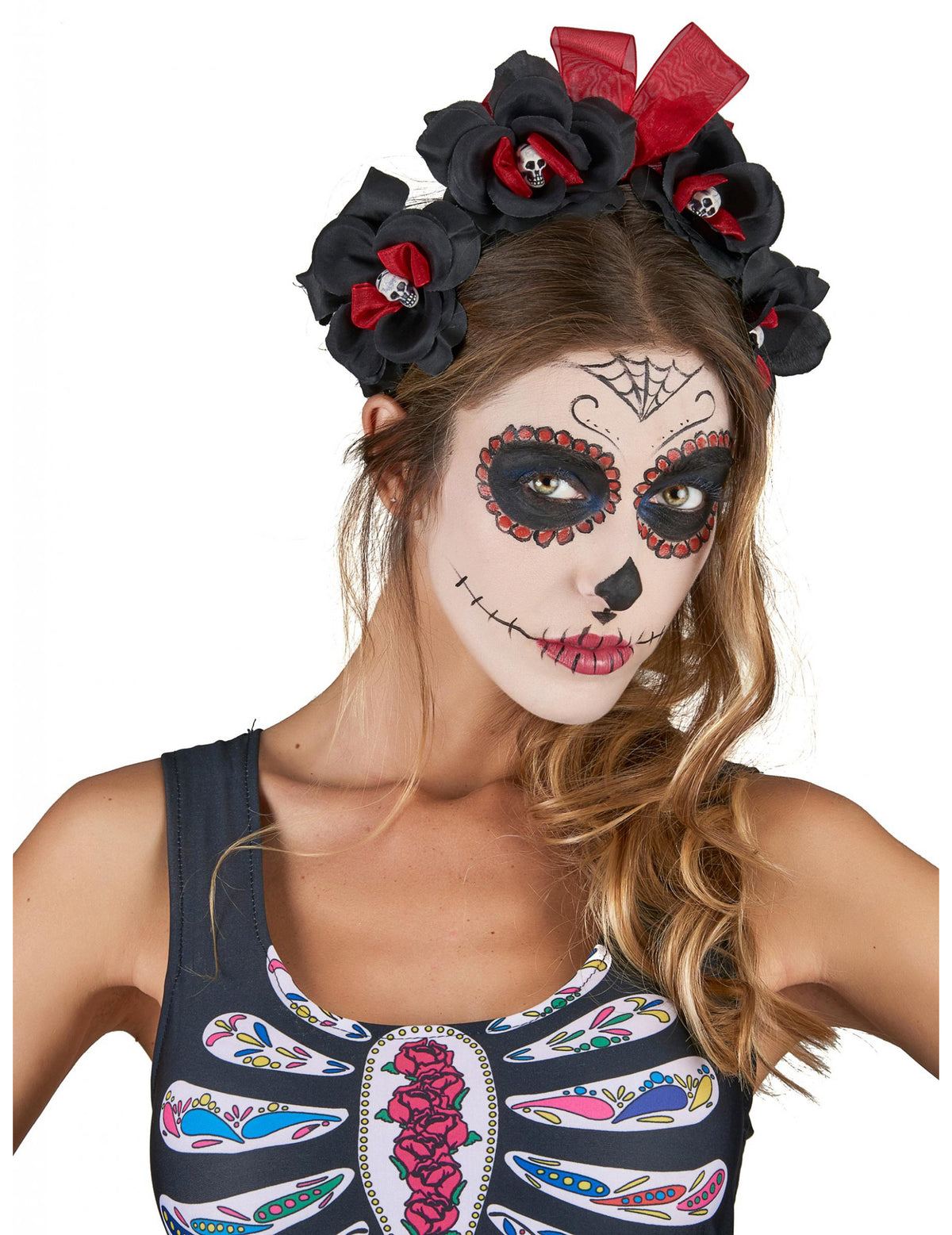 Traka za kosu s cvijećem Dia De Los Muertos za odrasle crna i crvena s malim lubanjama