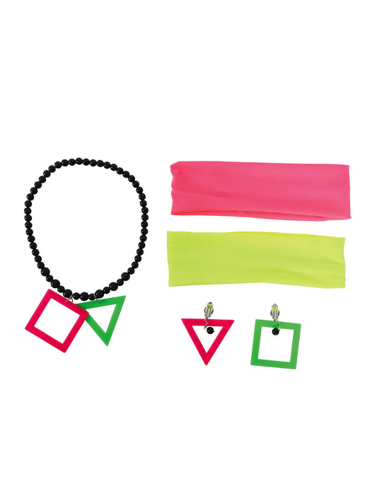 Détail du collier, des bandeaux et des boucles d'oreilles du Set 5 accessoires années 80