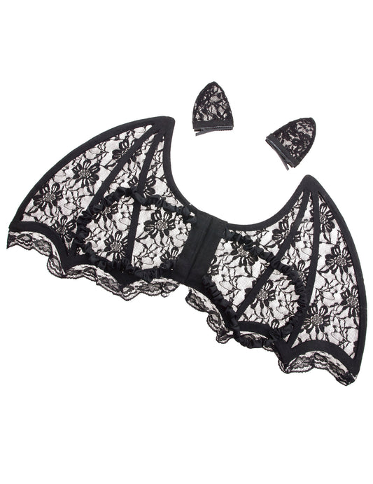 Détail de la dentelle du set ailes et oreilles de chauve-souris