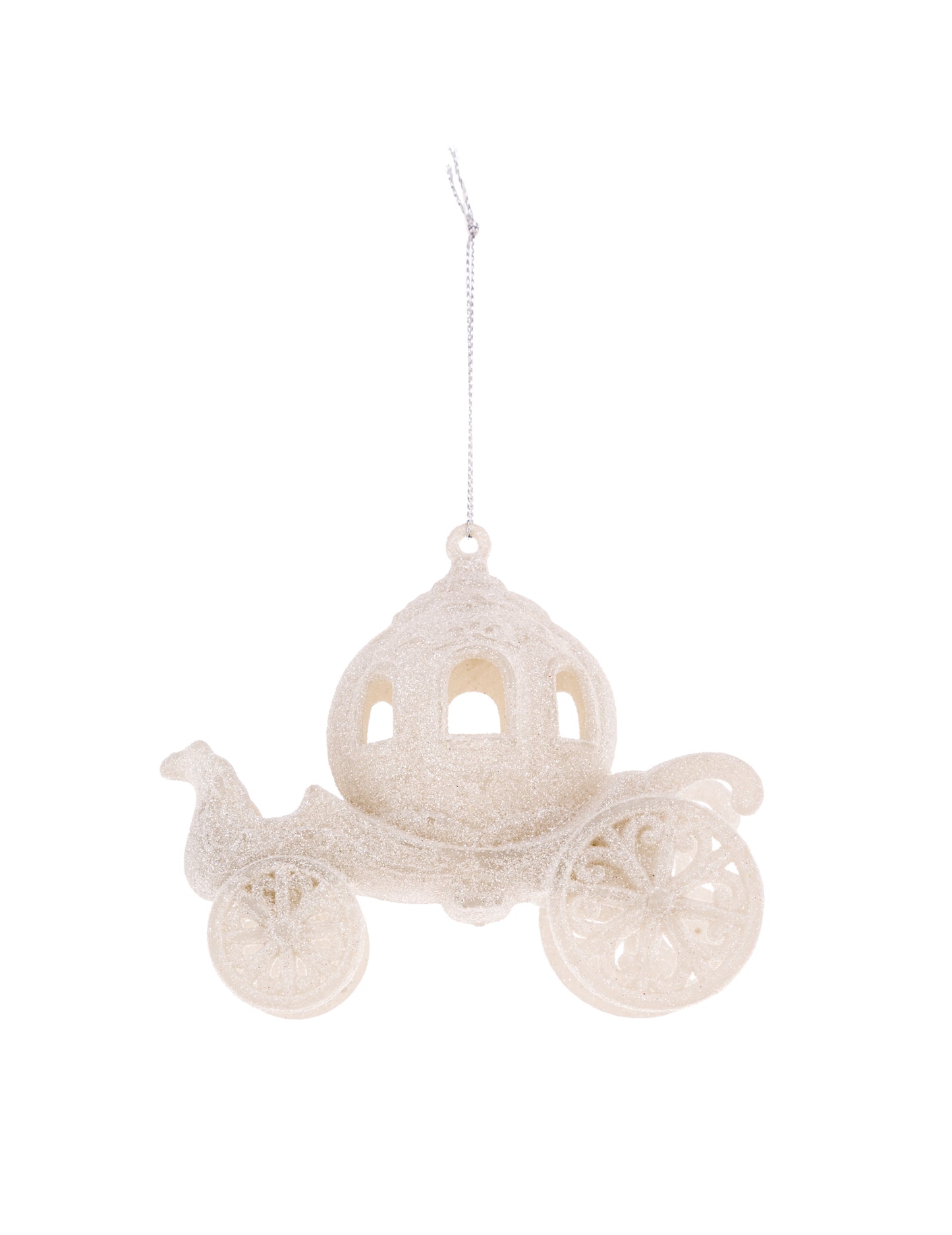 Ukras za božićno drvce u obliku vilinske kočije 11 cm sa srebrnim šljokicama