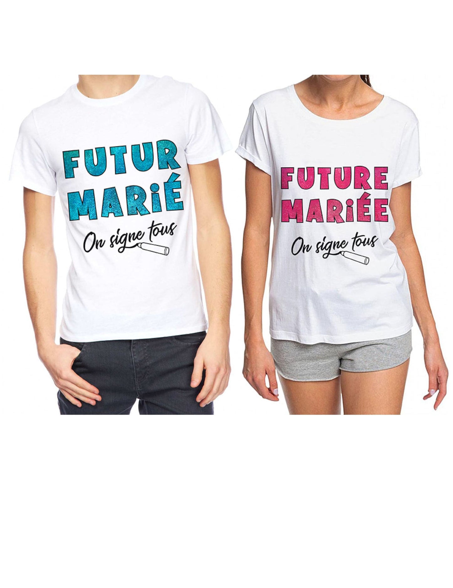 Versions Futur Marié et Future Mariée du T-shirt Enterrement de vie de garçon
