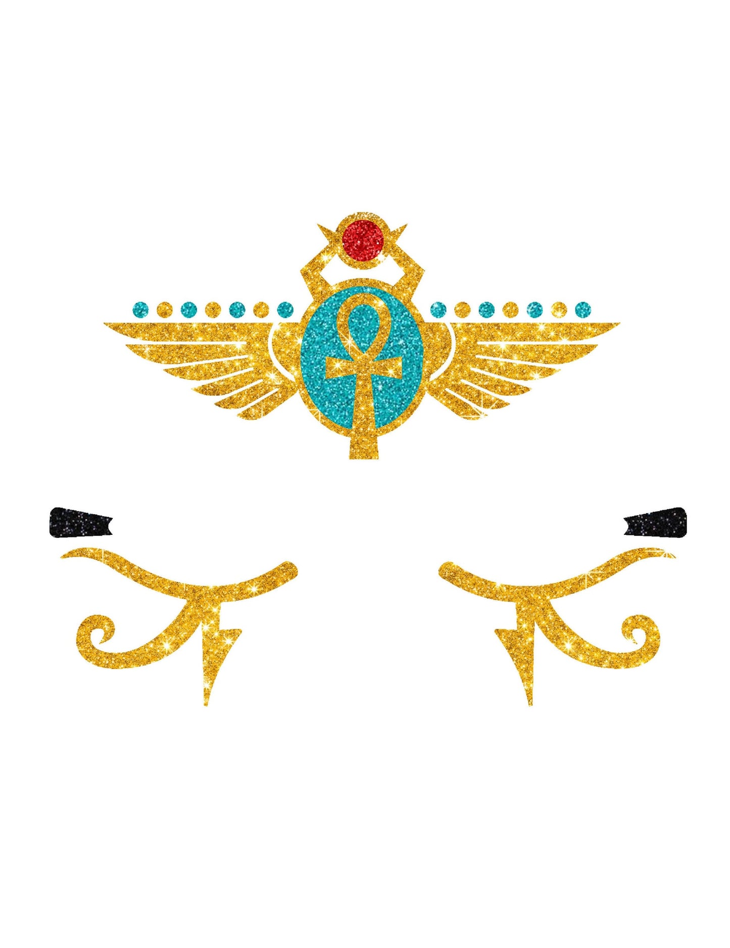 Détail des motifs de scarabée et d'yeux des tatouages pailletés reine d'Egypte