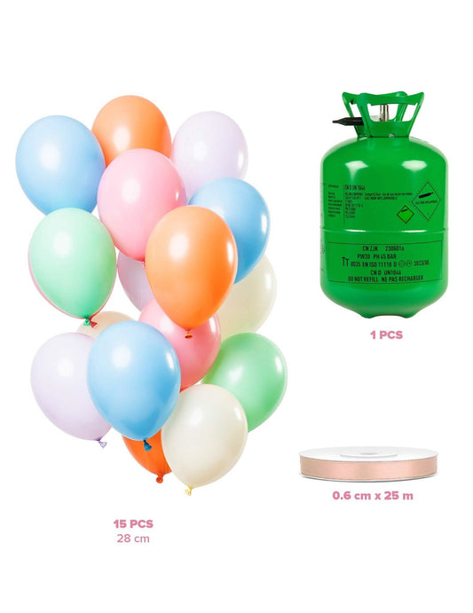 Komplet boce helija s 15 pastelnih balona sa satenskom vrpcom